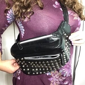 Studded Fanny Pack Leather Waist Belt Bag Expandable Black